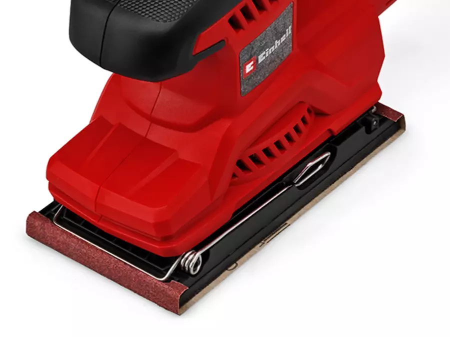 The Einhell orbital sander TC-OS 250 in red and black shows the clamping device for securing sandpaper.