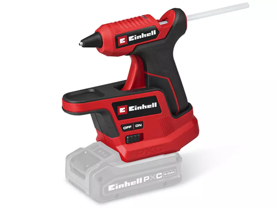 The Einhell cordless hot glue gun TE-CG 18/7 Li in the stable base station, the battery is shown grayed out.