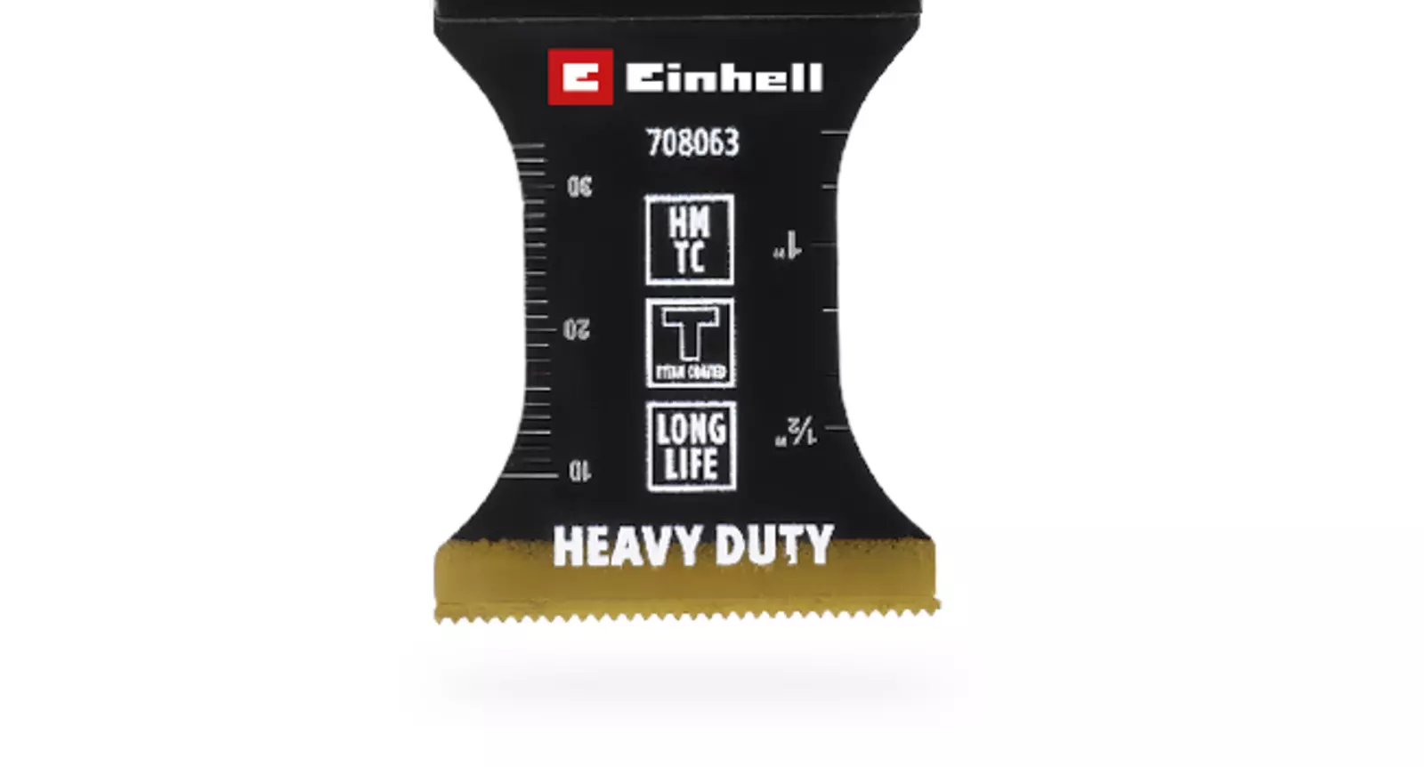 Close-up of the laser-etched mm and inch scale on an Einhell HM plunge saw blade with three pictograms and "Heavy Duty" label.