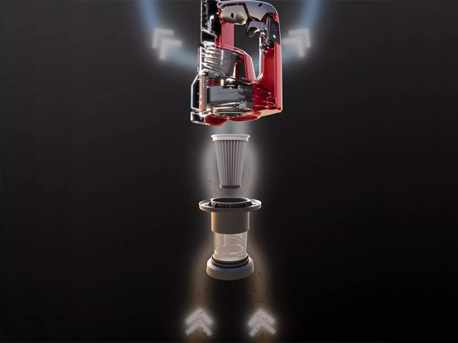 Visualization of the triple filter system with cyclone technology in the Einhell cordless stick vacuum cleaner TE-SV 18 Li, showing main unit, filter, and dust container in exploded view.