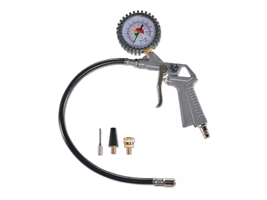 Accessories for the Einhell case compressor TC-AC 190 OF Set: compressed air hose, tyre inflator gauge and adapters.