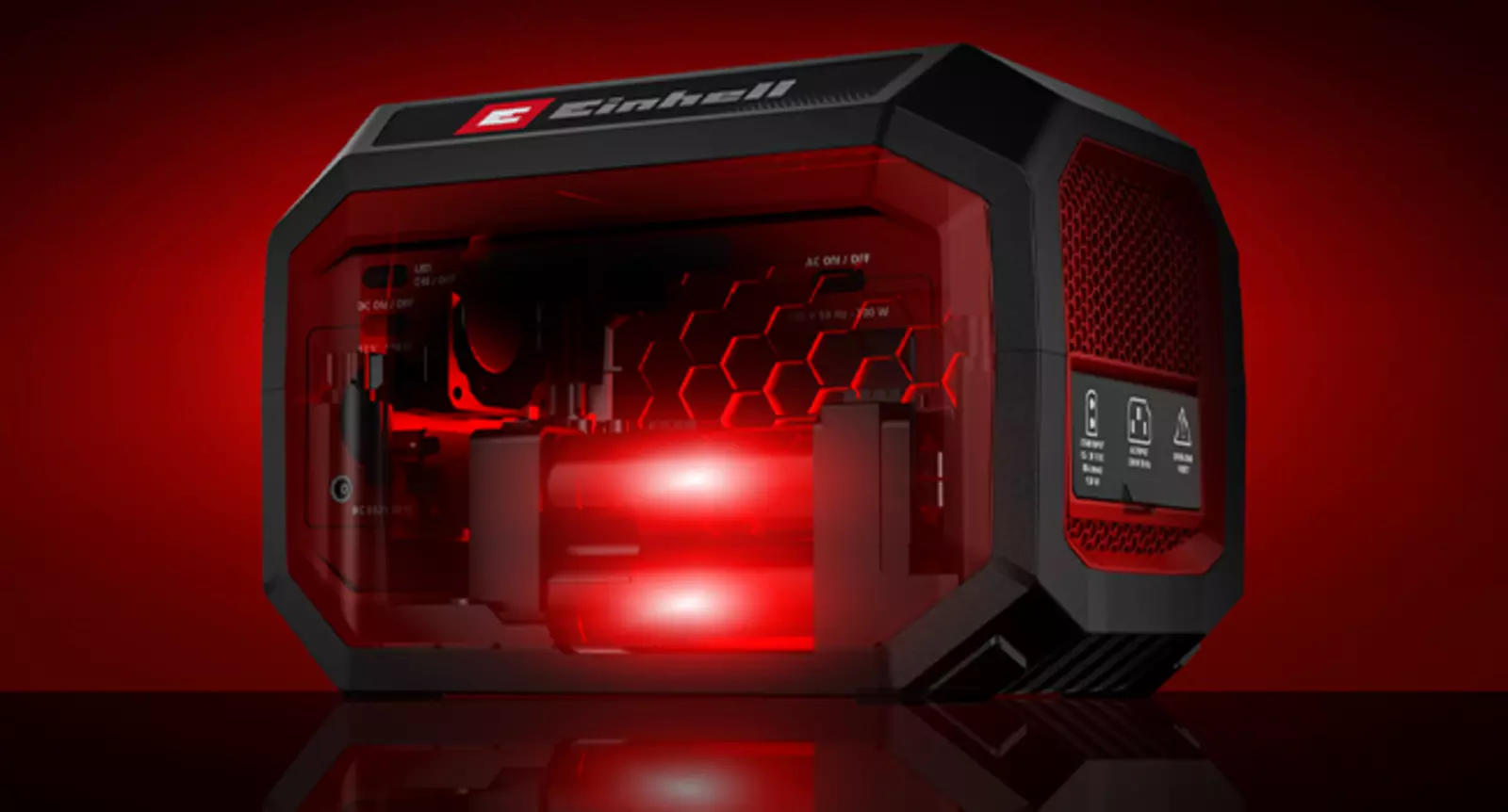 The Einhell energy station TE-ES 300/240 with transparent housing shows a red LiFePO4 battery inside.
