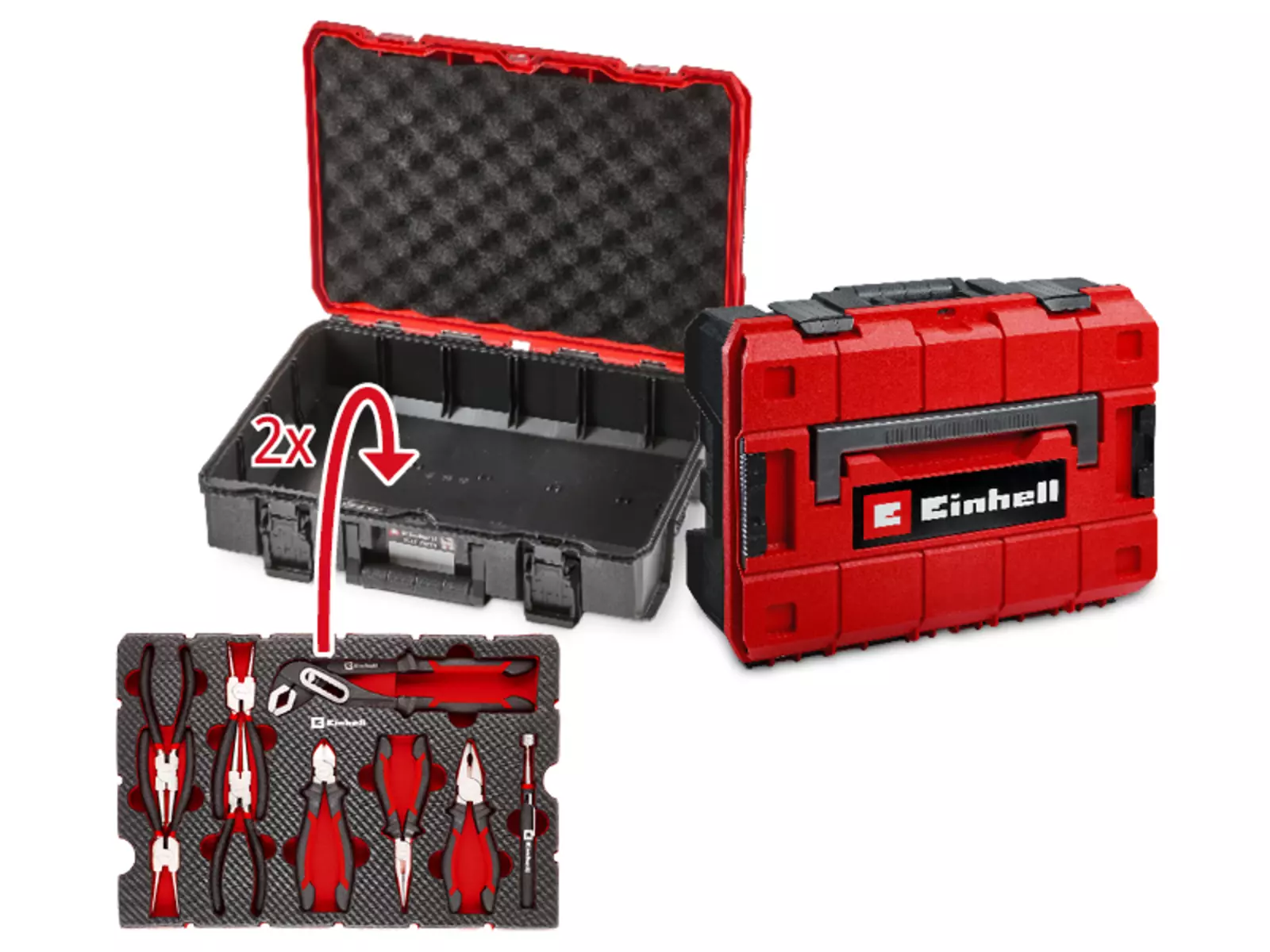 Einhell E-Case S-F shown open and closed; next to it, one carbon-look EVA tool insert with note indicating space for two inserts.