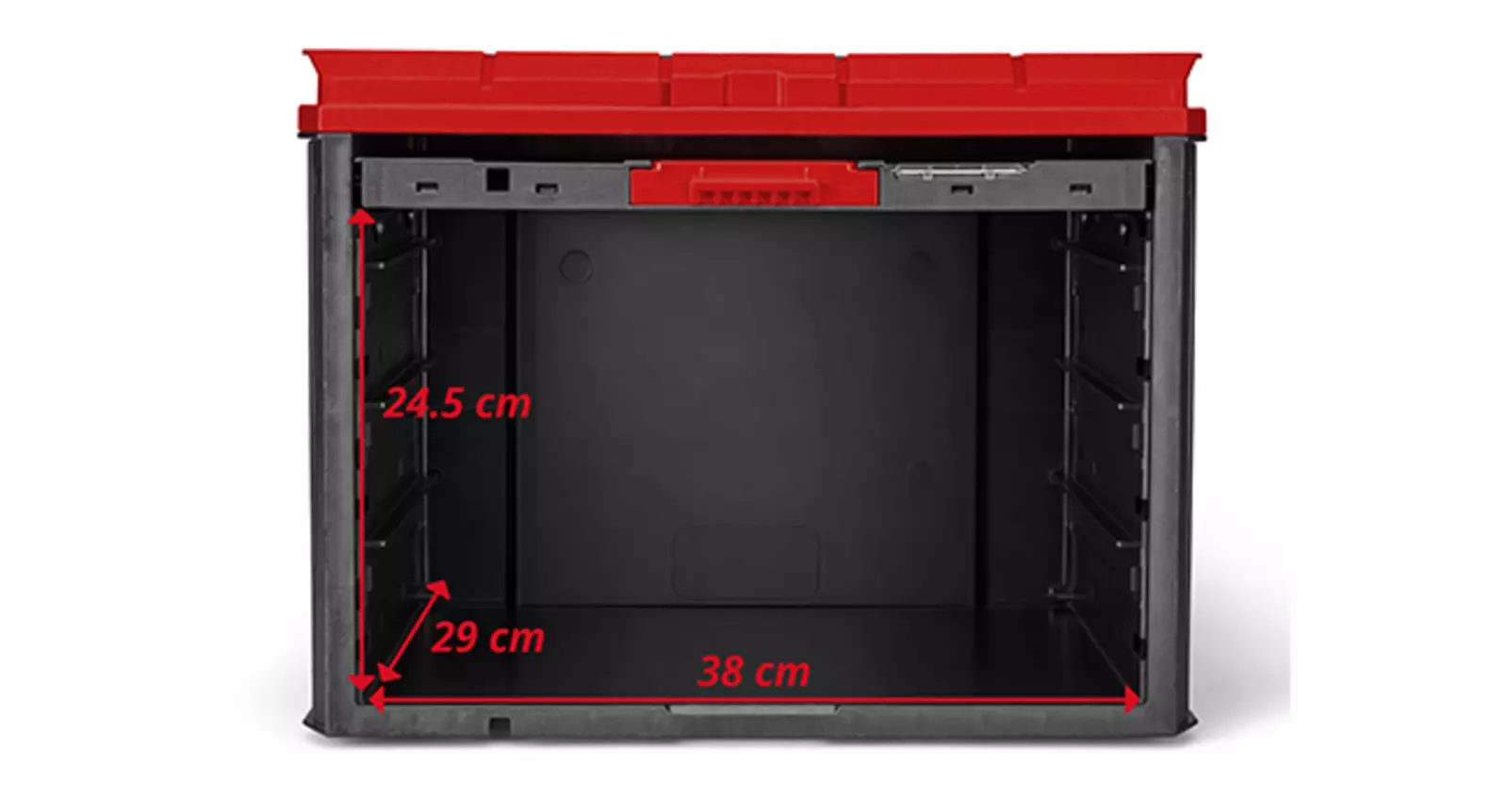 The open Einhell E-Case FlipFront with an empty interior and dimensions marked in red.