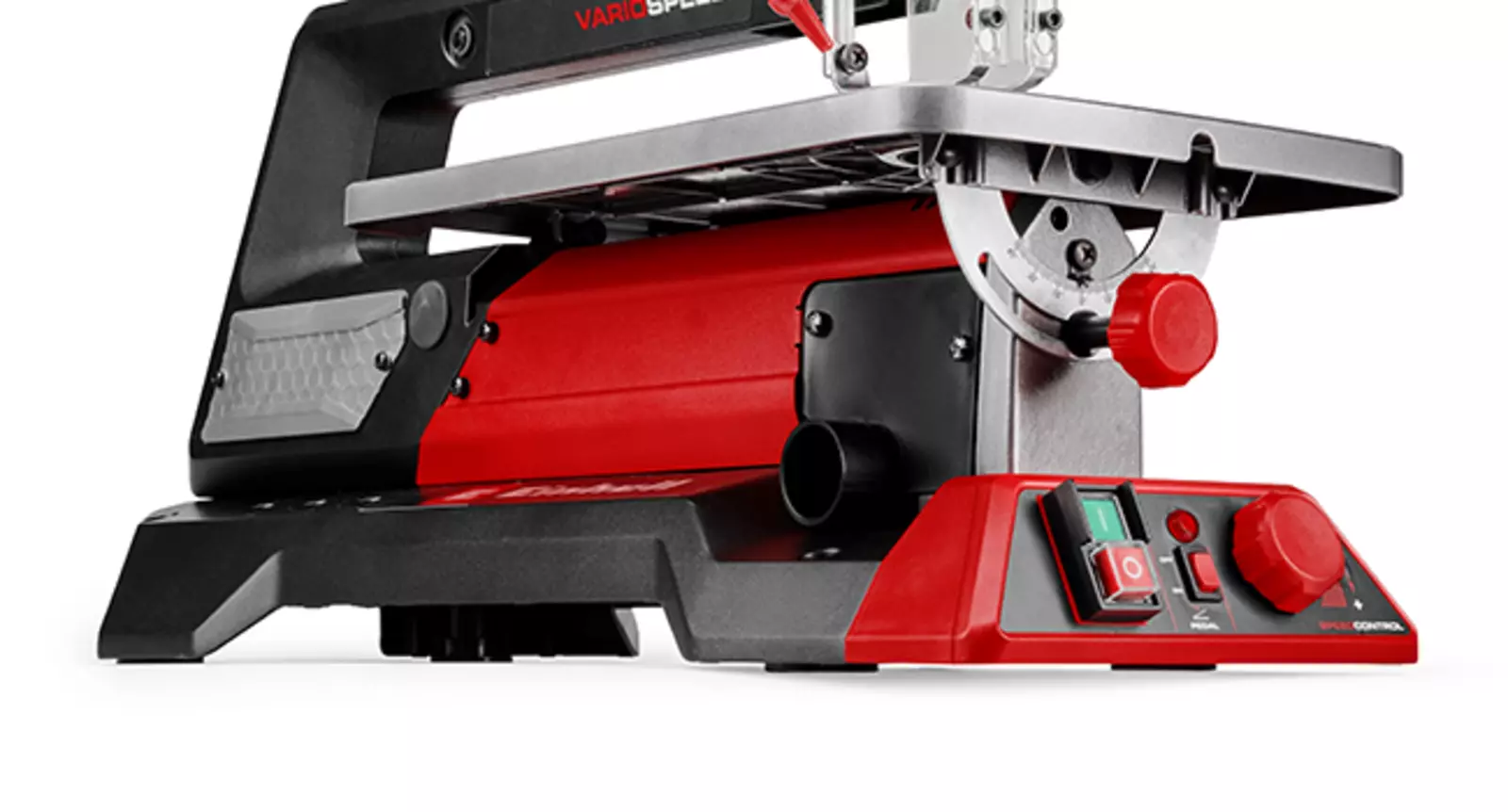 The Einhell scroll saw TE-SS 406 Vario F, featuring a sturdy design and robust housing, shown against a white background.