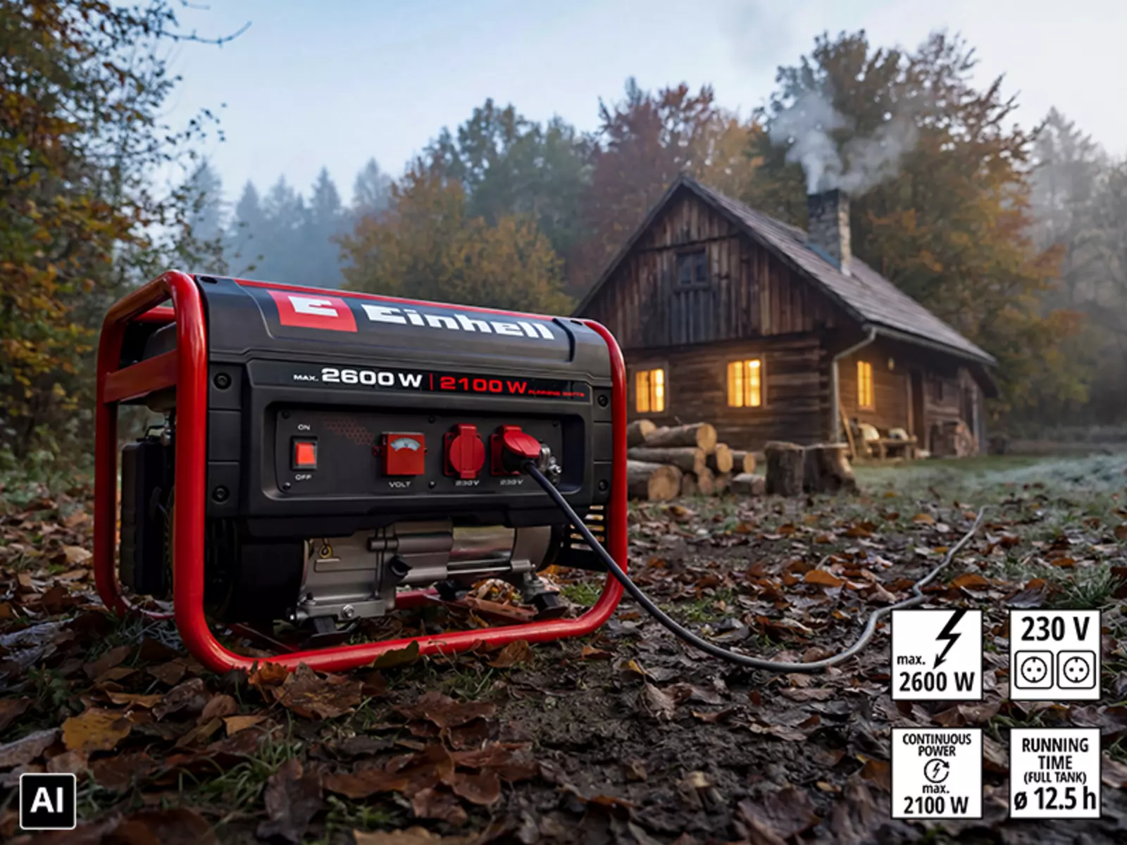 The Einhell TC-PG 2600 generator supplies a cabin in the woods with electricity. Text in the image: “max. 2600 W”, “CONTINUOUS POWER max. 2100 W”, “230 V”, “RUNNING TIME (FULL TANK) Ø 12.5 h”.