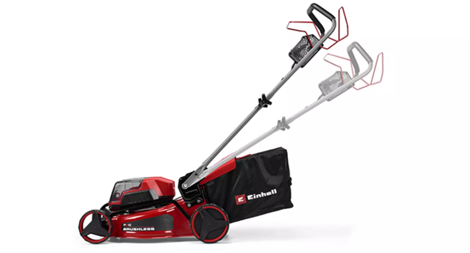 The Einhell cordless lawn mower GC-CM 36/46 S Li BL (2x 4.0 Ah) with folded handlebar for space-saving storage.