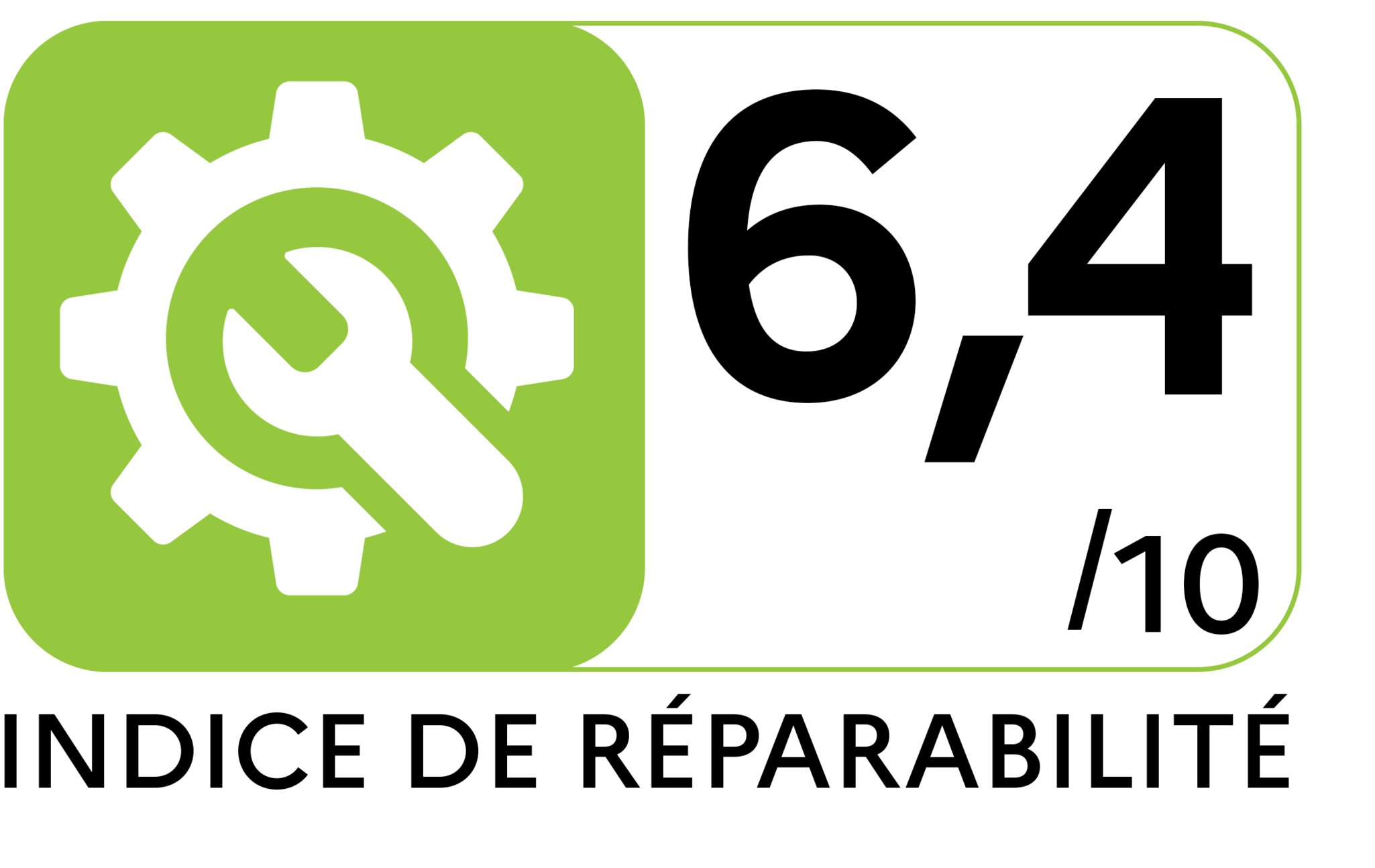 Logo de l'indice de réparation avec une roue dentée blanche et une clé à molette sur fond vert, à côté d'une note sur une échelle de 1 à 10. L'indice de réparation est de 6,4.