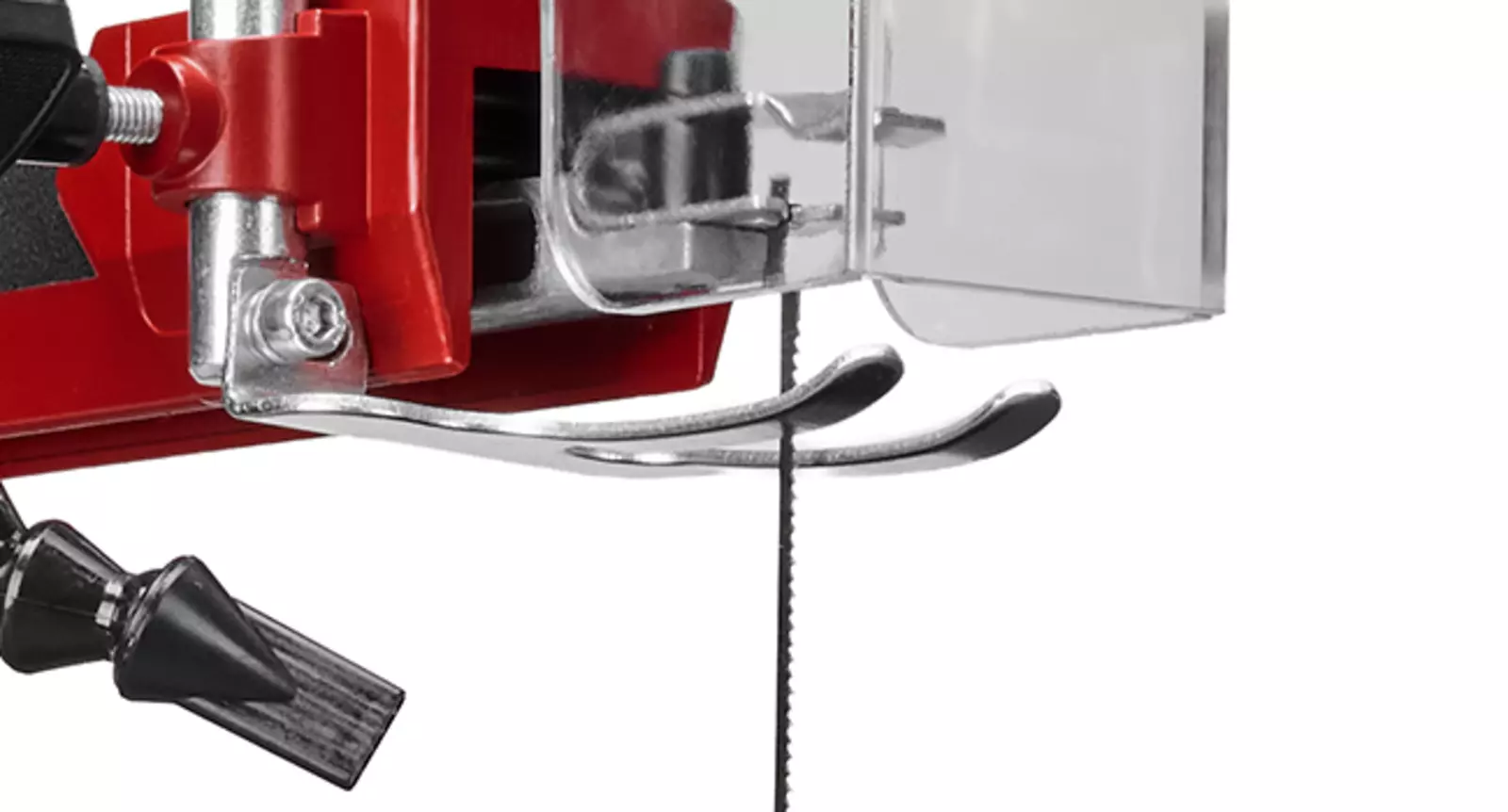 El dispositivo de sujeción de la pieza de trabajo de la sierra de marquetería Einhell TC-SS 406 E fija la pieza de madera sobre la mesa de la sierra.