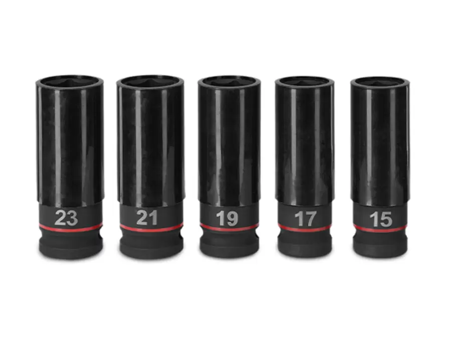 Five black sockets with size specifications in red (15, 17, 19, 21, 23 mm) as an accessory for the Einhell cordless impact wrench TP-CWD 18/7501-C Li BL +6 S-F.