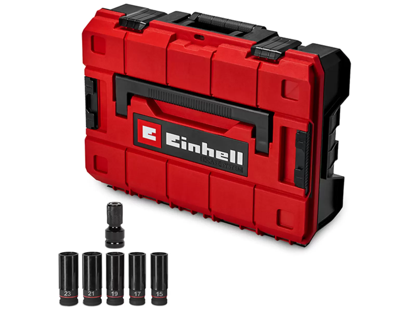The Einhell Professional cordless impact wrench TP-CWD 18/7501-C Li BL +6 S-F comes with a red E-Case S-F, a 5-piece socket set (sizes 15–23 mm) and a bit adapter.