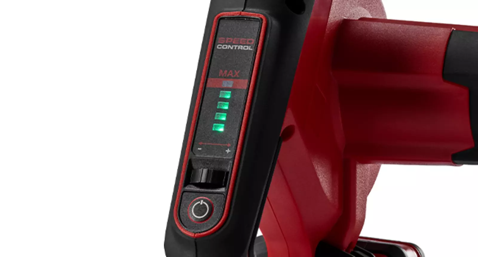 Nahaufnahme der LED-Anzeige am Einhell Akku-Bläser TE-CB 18/270 Li mit fünf einstellbaren Luftgeschwindigkeiten.