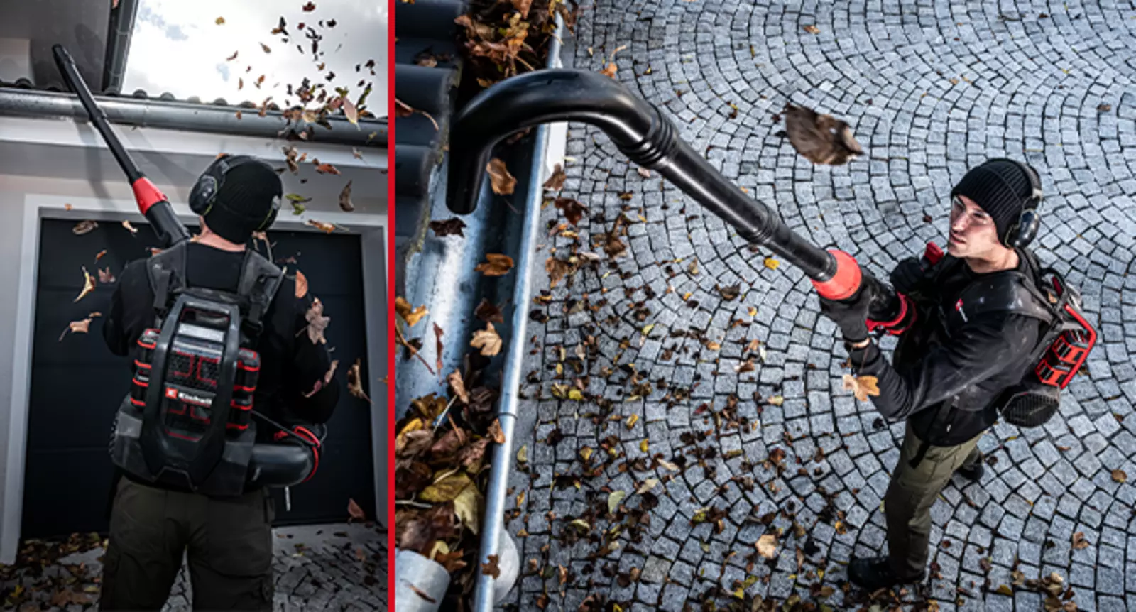 The Einhell Professional Cordless Leaf Blower GP-LB 36/280 Li E BL-Solo with attached gutter cleaning set.