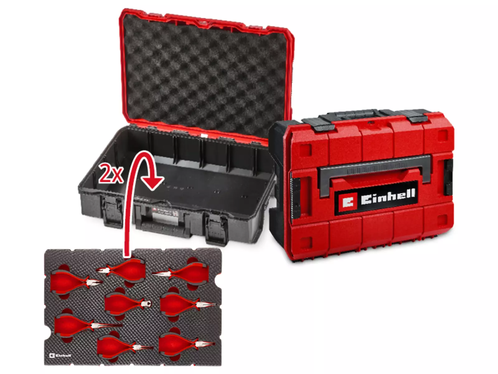 Einhell E-Case S-F shown open and closed; next to it, one carbon-look EVA tool insert with note indicating space for two inserts.