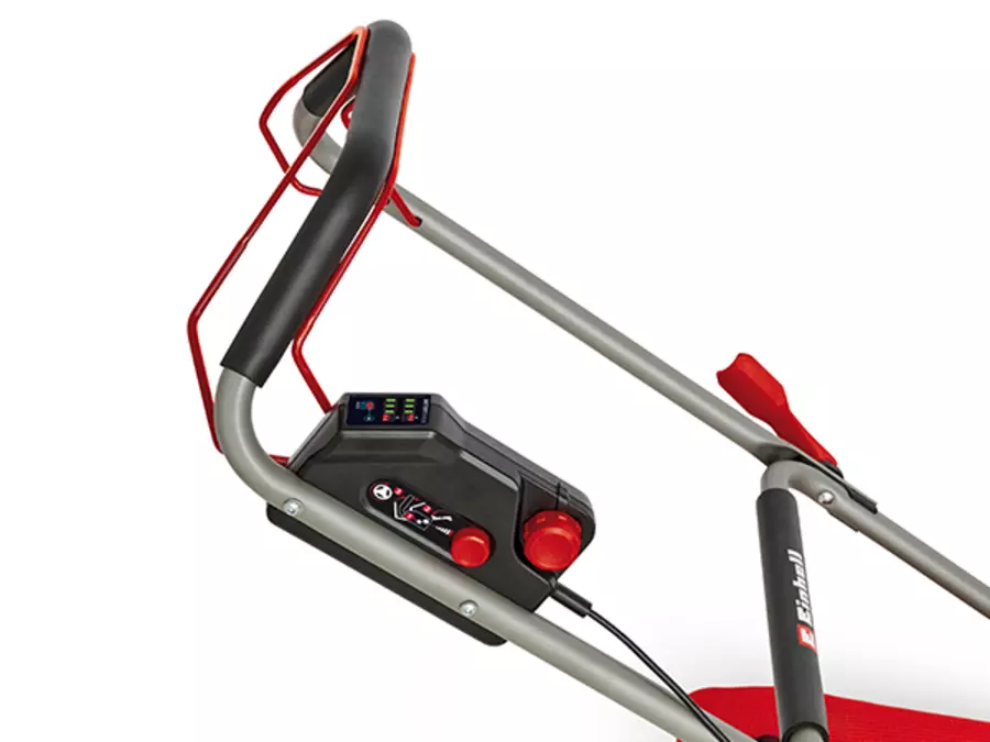 Close‑up of the handle on the Einhell Professional 36V 470mm Self-Propelled Steel Deck Lawn Mower Kit with control panel and red adjustment knobs.