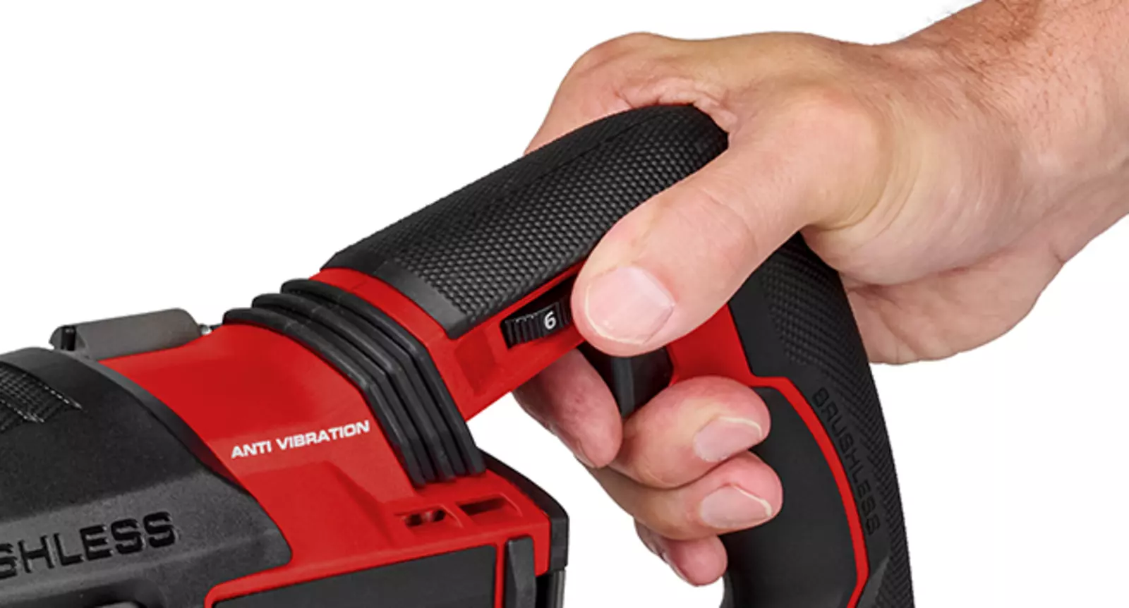Hand holding the handle of the Einhell cordless universal saw TP-AP 18/32 BL BREAKER Kit with textured grip.