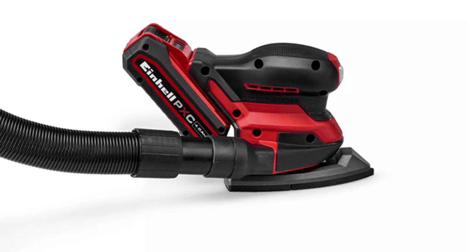 The Einhell cordless multi sander TE-OS 18/150-2 Li with integrated dust extraction port and connected hose on a white background.