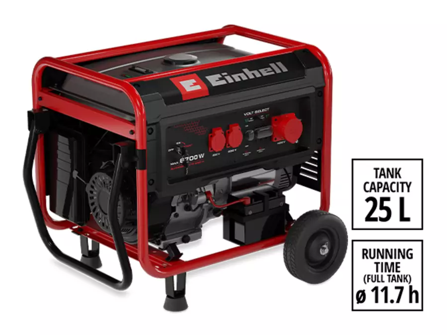 The Einhell TC-PG 6700 generator on a white background. Text in the image: ‘TANK CAPACITY 25 L’ and ‘RUNNING TIME (FULL TANK) Ø 11.7 h’.