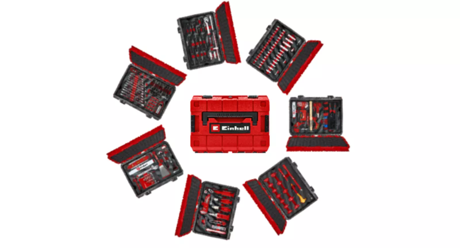 Closed red Einhell E-Case in the centre. Seven open tool cases with different contents are arranged in a circle around it.