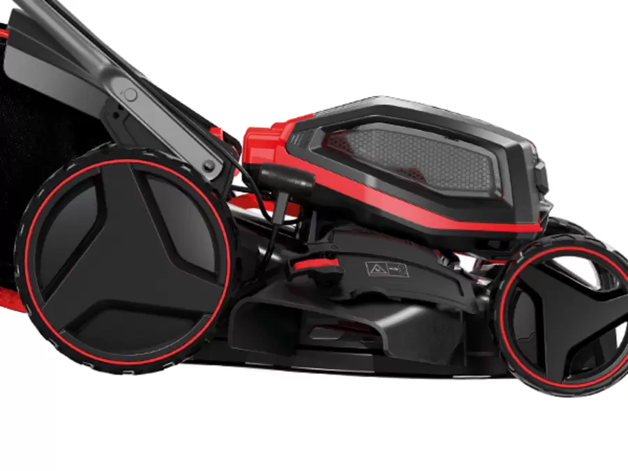 Side view of the Einhell cordless lawn mower GP-CM 36/52 S Li BL focusing on the wheel and cutting height adjustment lever.