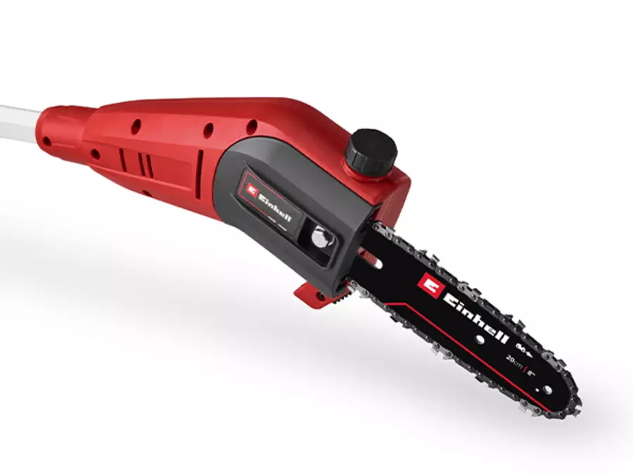 The Einhell cordless pole pruner GC-LC 18/20 Li T-Solo with visible tip of the bar and chain from the front.