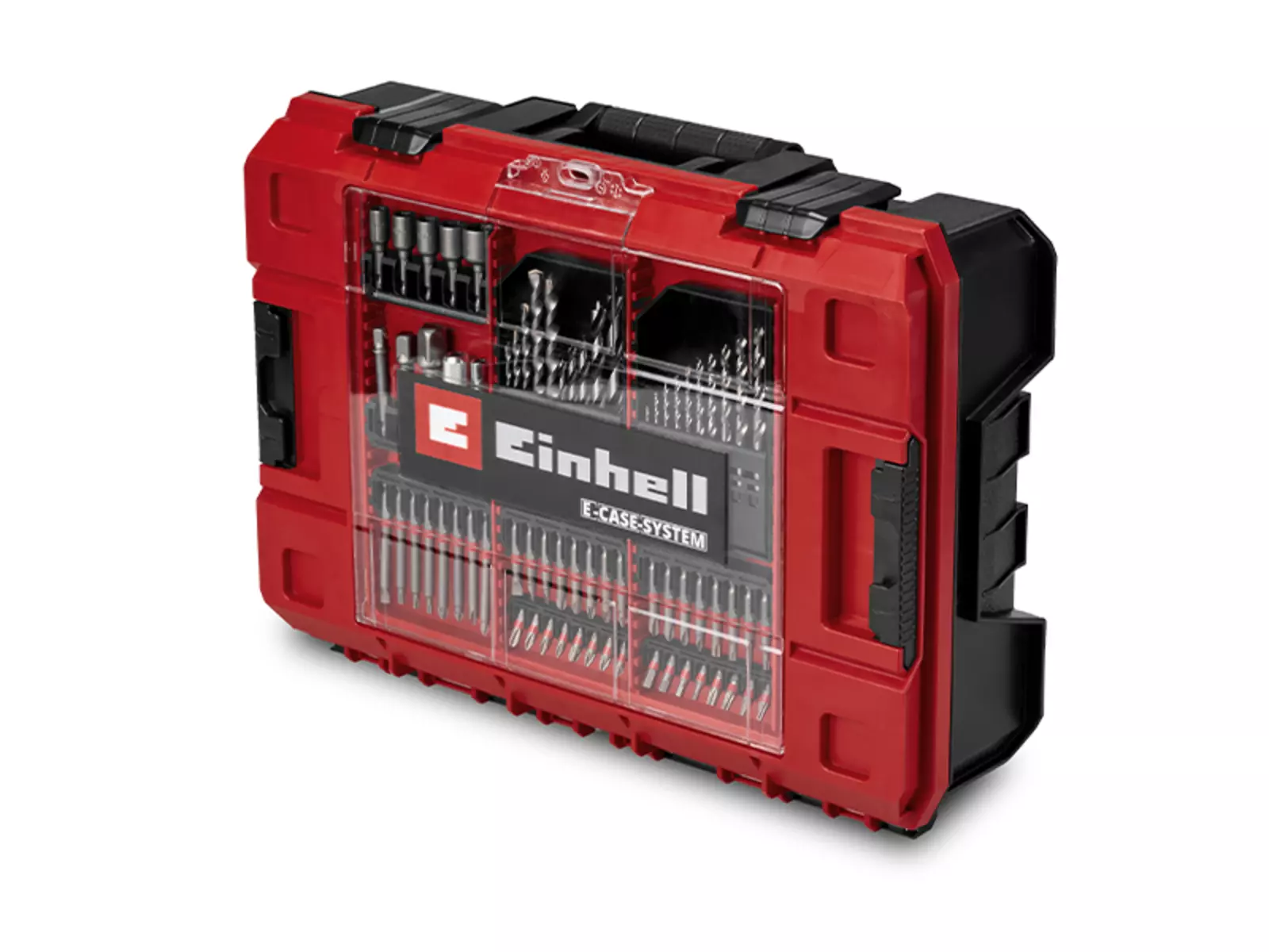 The Einhell E-Case S-F with transparent lid, filled with a 70-piece bit set and drill set, clearly arranged.
