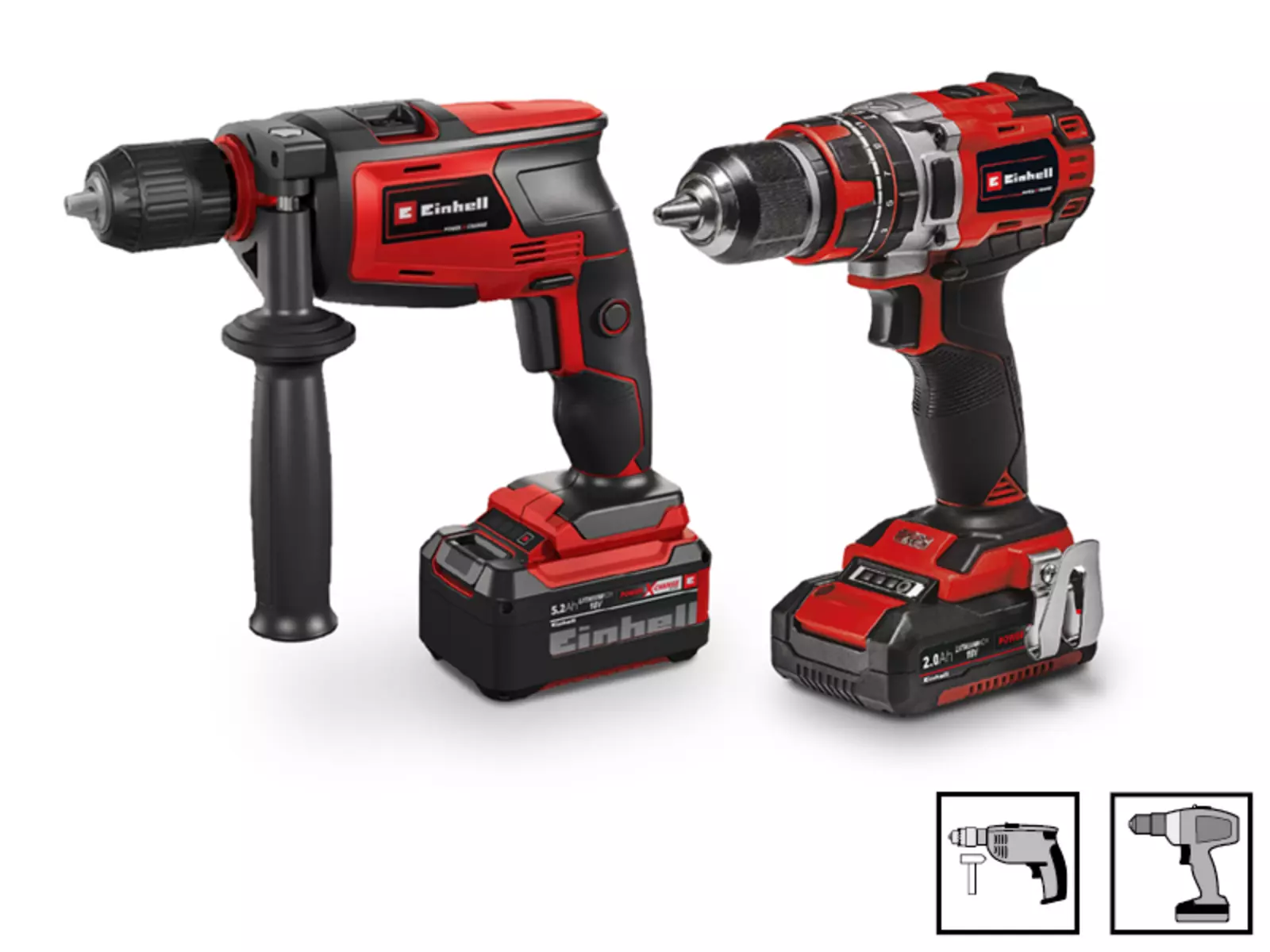 Einhell cordless screwdriver and drill with batteries and corresponding pictograms on a white background.