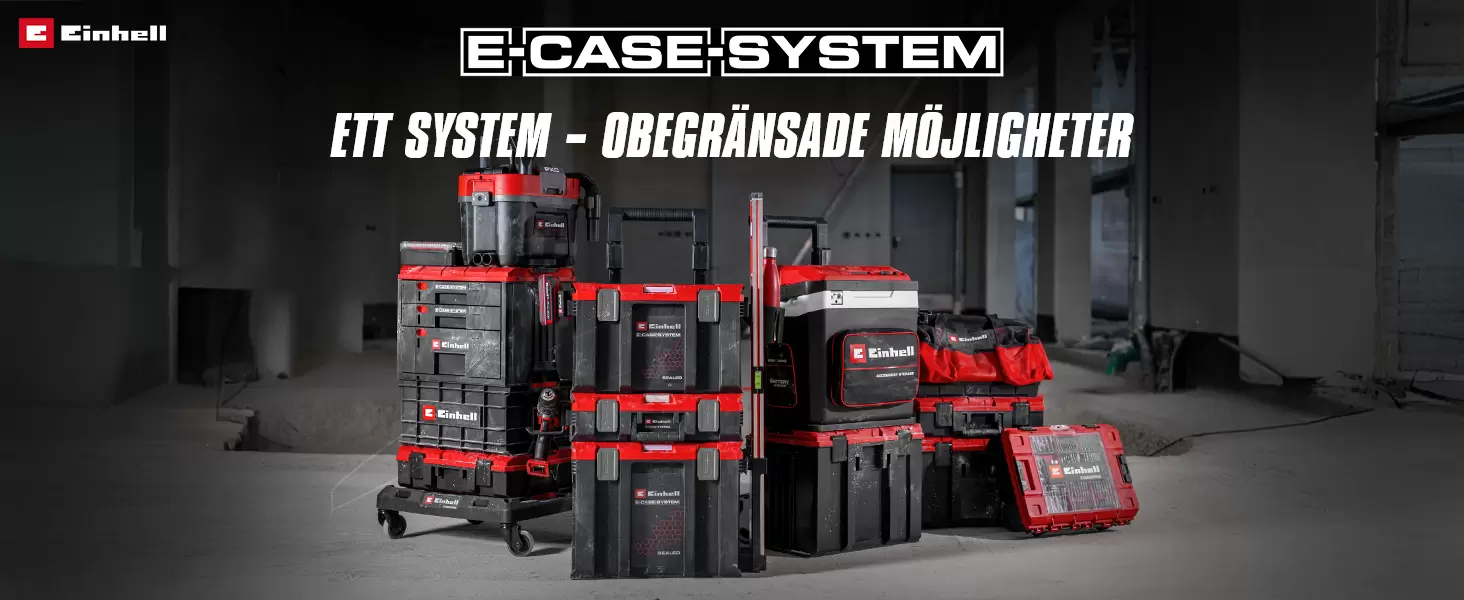 Einhell E-Case System med flera staplade lådor och tillbehör, text “E-CASE SYSTEM – ETT SYSTEM - OBEGRÄNSADE MÖJLIGHETER”.