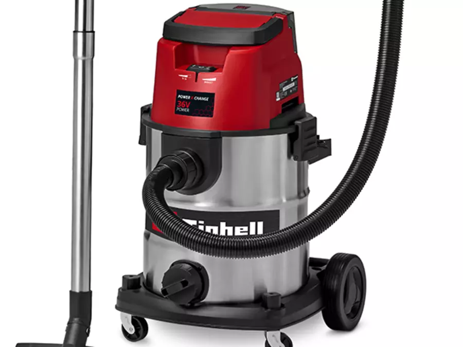 Front view of the Einhell TE-VC 36/25 Li S with large stainless steel tank, suction tube, and connected hose.