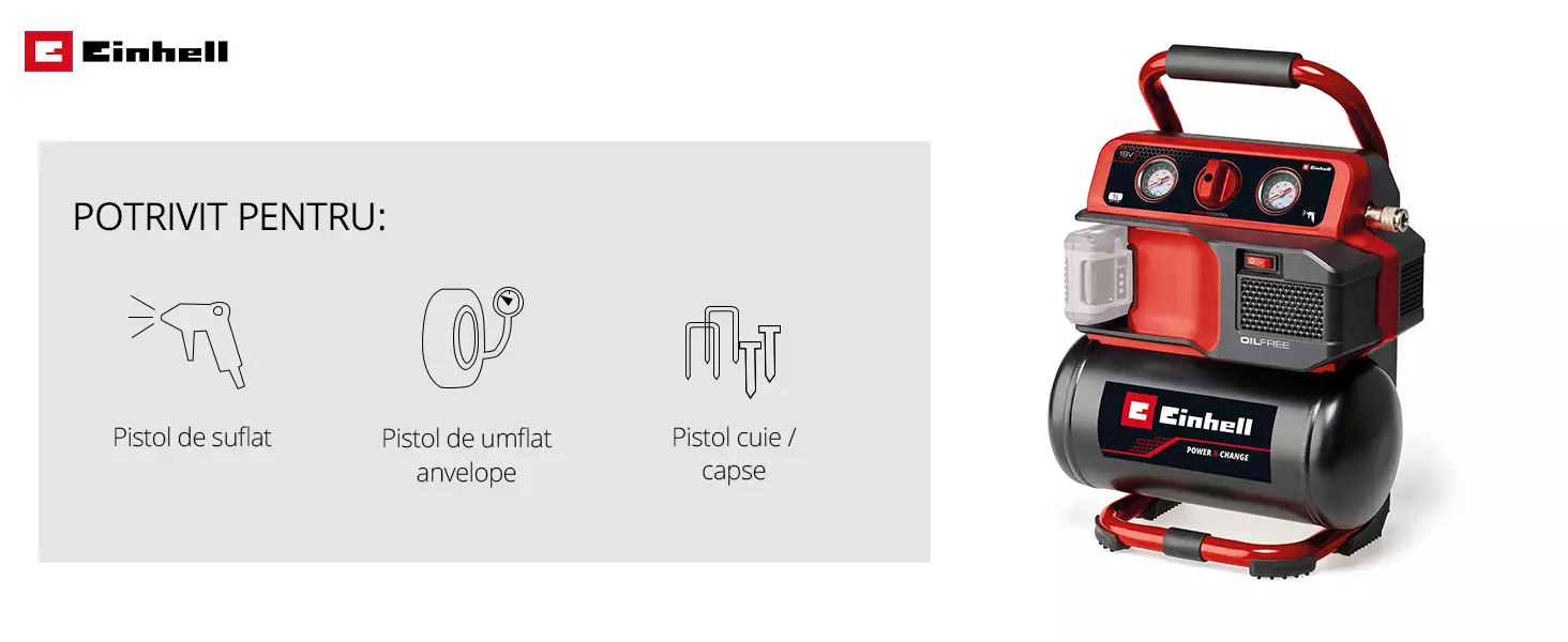 Prezentarea compresorului cu acumulator Einhell TE-AC 18/75 Li OF cu mențiunea că este potrivit pentru pistoale de suflat, umflătoare de anvelope și capsatoare/pistoale de bătut cuie.