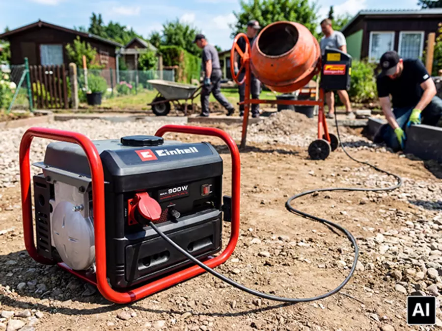 The Einhell TC-PG 900 power generator supplies a concrete mixer with electricity on a construction site.