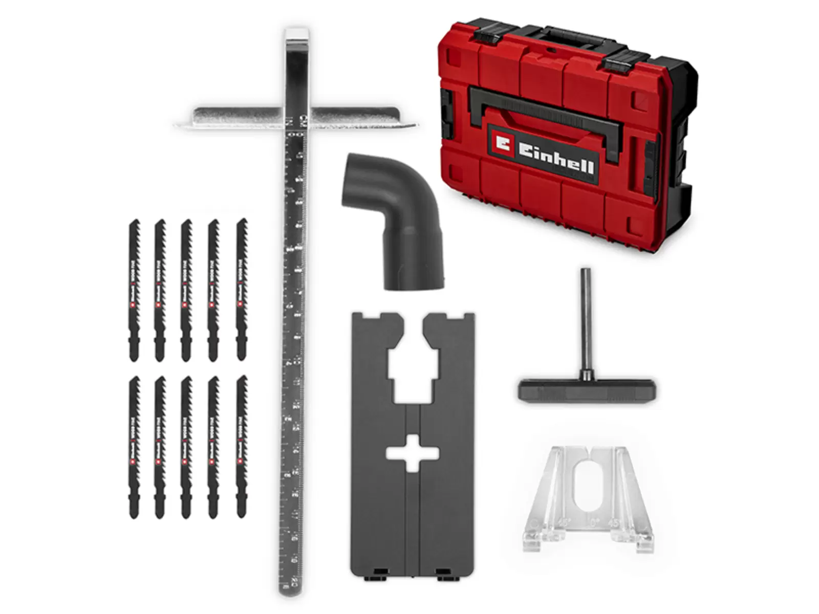 Einhell E-Case S-F carry case in red and black, supplied with ten T-shank saw blades for wood.
