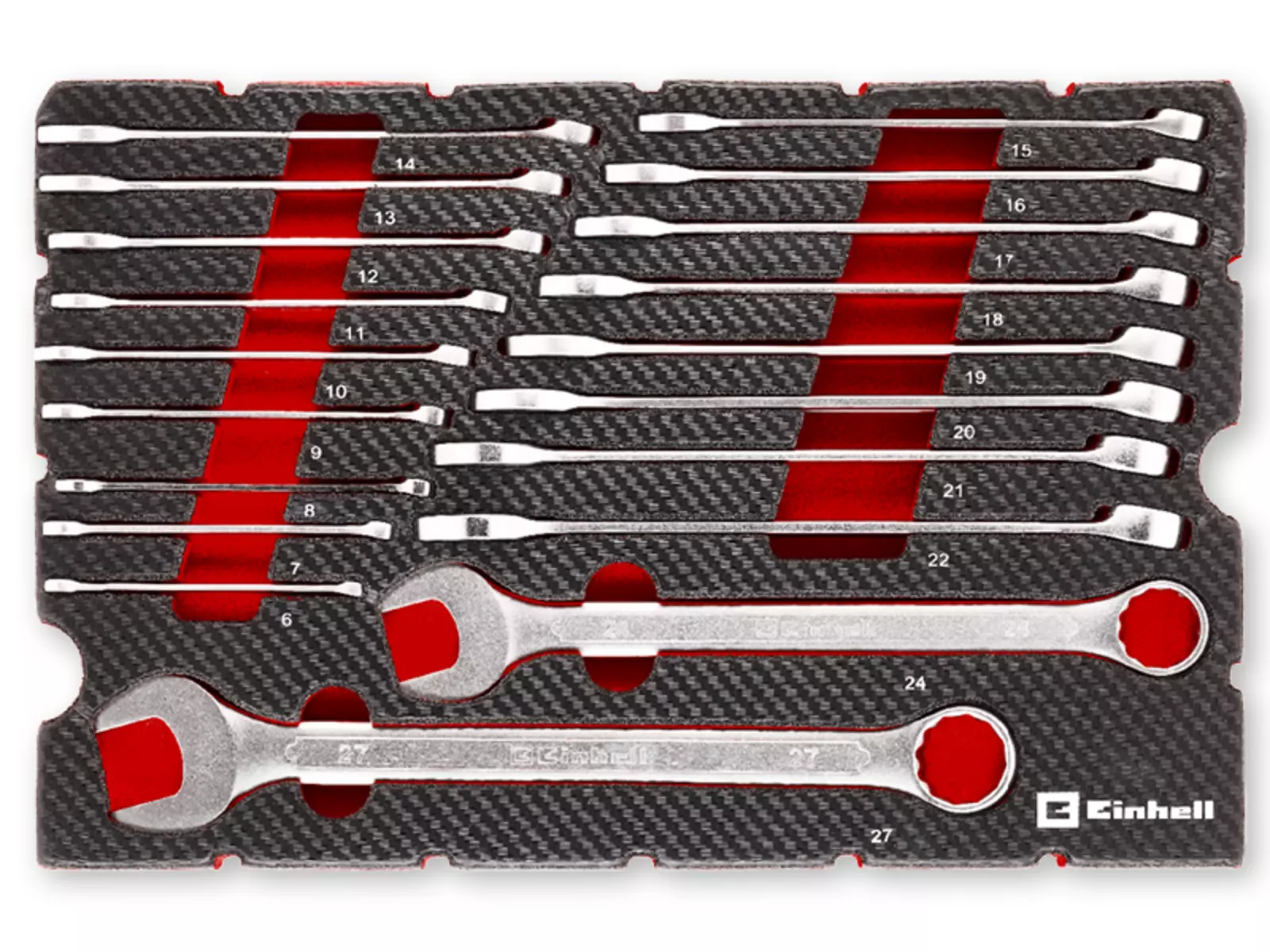 Insert with 19 Einhell combination wrenches from 6 to 27 mm in carbon-look foam, neatly arranged.