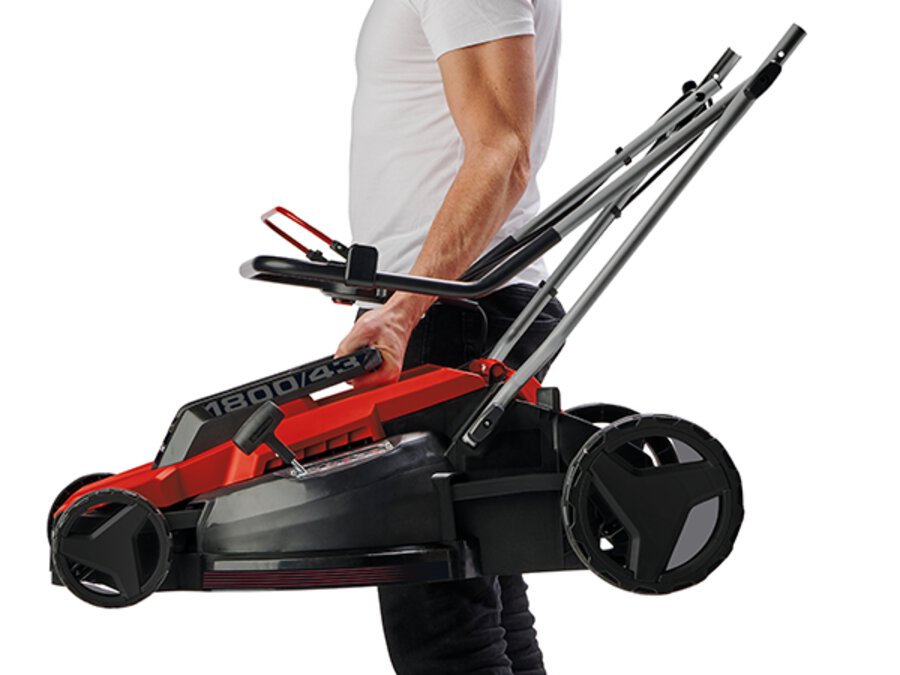 The Einhell electric lawn mower GC-EM 1800/43 with central carrying handle for easy transport.