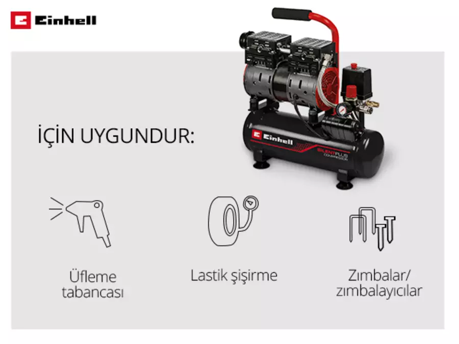 Einhell Kompresör TE-AC 110/6 Silent Plus için önerilen kullanım alanlarını gösteren grafik: Hava tabancası, lastik şişirme aparatı, zımba/çivi tabancası sembolleri ile.