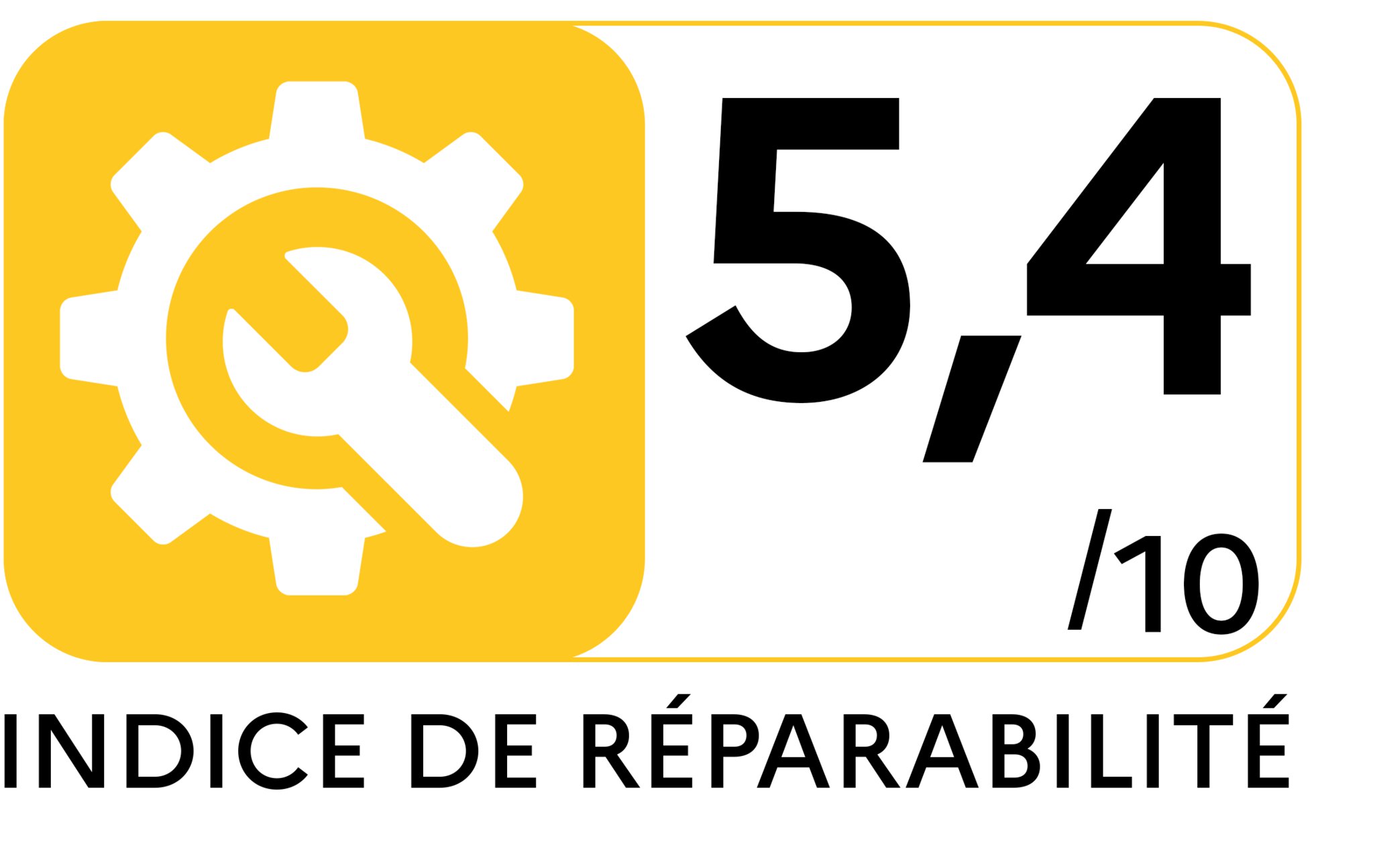 Logo de l'indice de réparation avec une roue dentée blanche et une clé à molette sur fond vert, à côté d'une note sur une échelle de 1 à 10. L'indice de réparation est de 5,4.