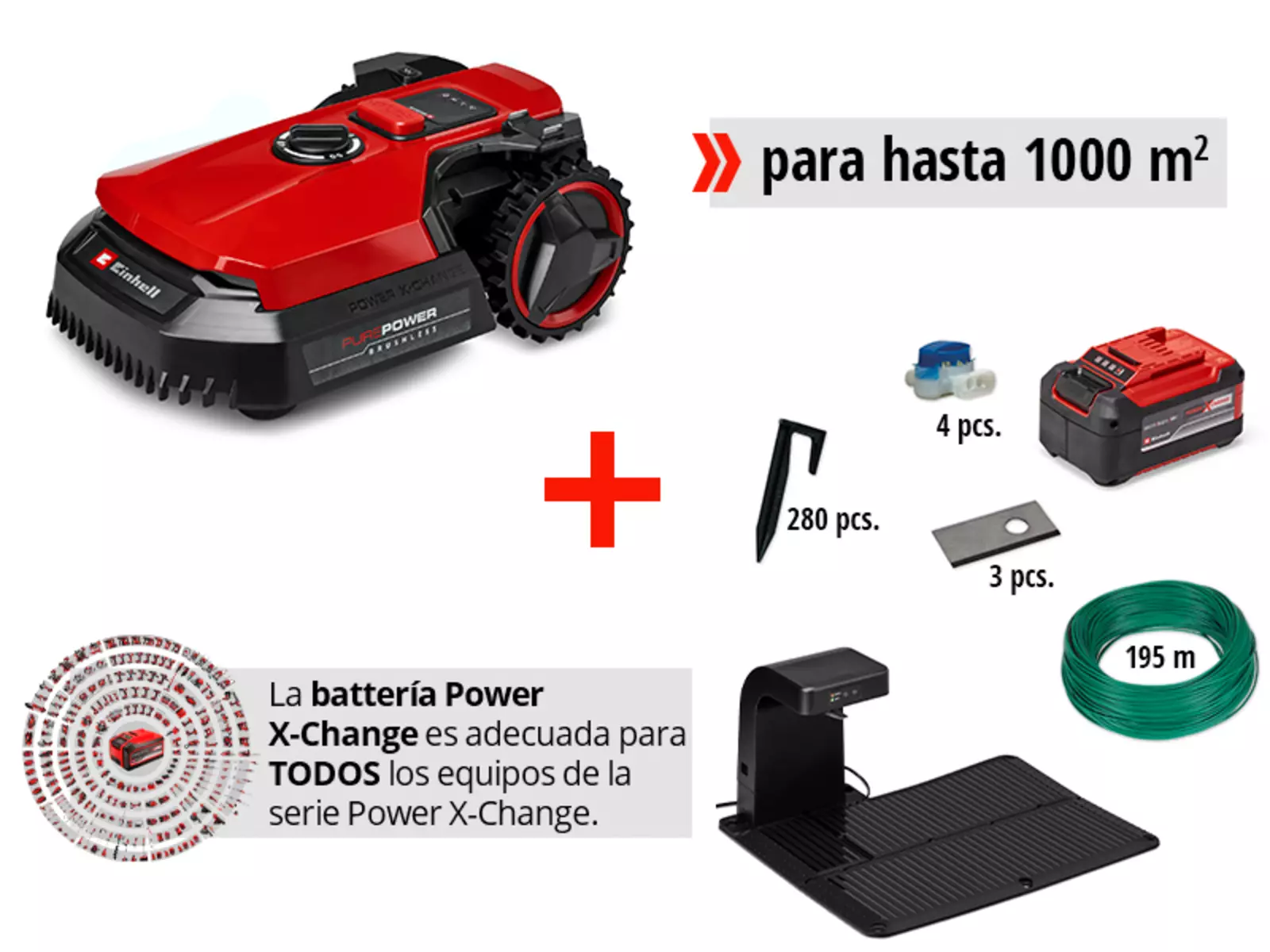El Einhell robot cortacésped FREELEXO 1000 con accesorios: batería, estación de carga, 280 ganchos de fijación, 195 m de cable delimitador, 3 cuchillas y 4 conectores de cable; adecuado para superficies de césped de hasta 1000 m².