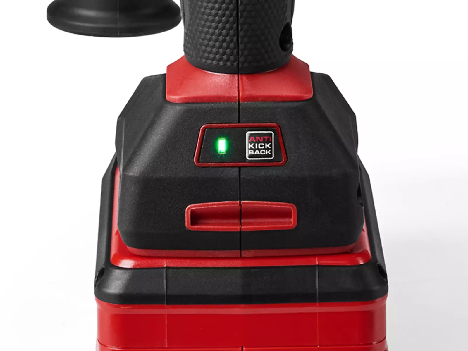 Detailed view of the Einhell Professional cordless hammer drill TP-ID 18-C Li BL – Solo with the anti-kickback function activated and the "ANTI KICK BACK" indicator lit up.