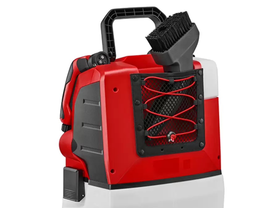 Rear view of the Einhell cordless pressure cleaner TE-HP 18/10 Li D-Solo with accessories in the integrated storage net.