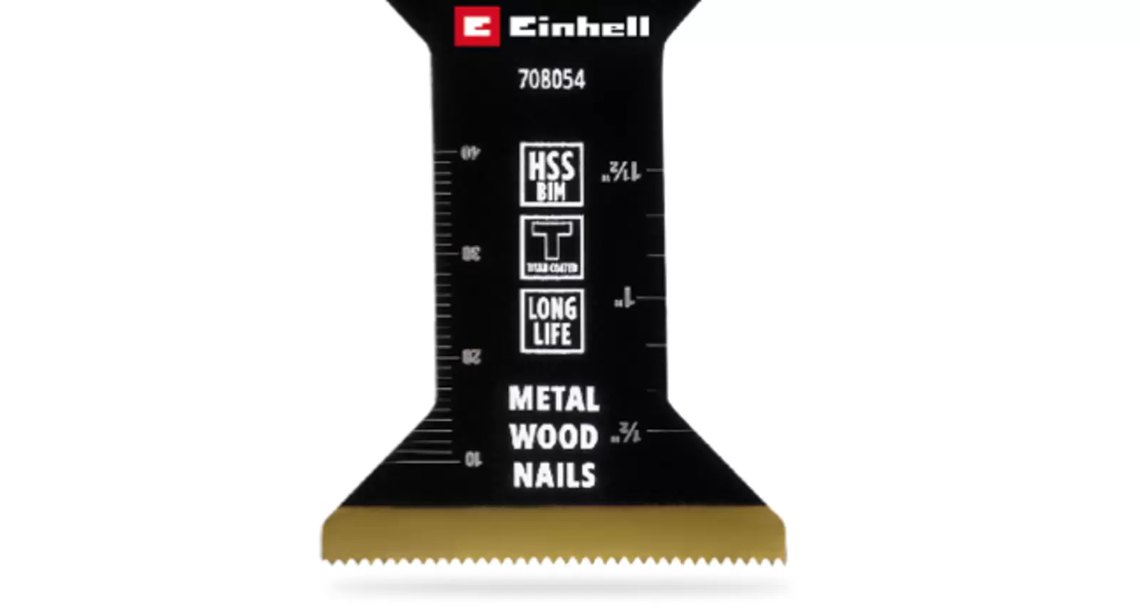 Close-up of the laser-etched scale in mm and inches on a titanium-coated Einhell HSS bi-metal plunge saw blade with three pictograms and “Metal, Wood, Nails” marking.