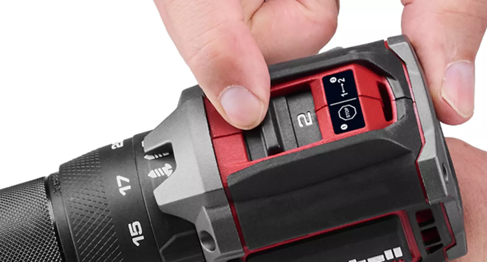 The Einhell Professional cordless impact drill TP-CD 18/50-C Li-i BL (2x3Ah) featuring a detailed view of the red 2-speed gear selector switch on top of the housing on a white background.