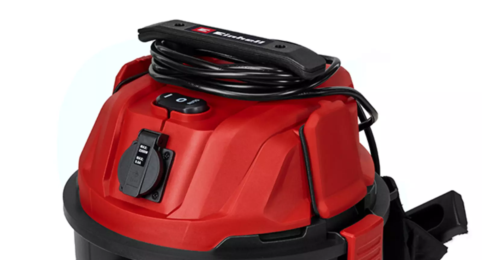 L'aspirapolvere a umido e a secco Einhell TC-VC 2555 A con avvolgitubo e avvolgicavo sulla parte superiore.