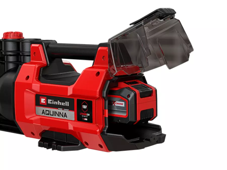 Open battery cover at the rear of the Einhell Cordless Garden Pump AQUINNA 18/28 with one inserted battery.