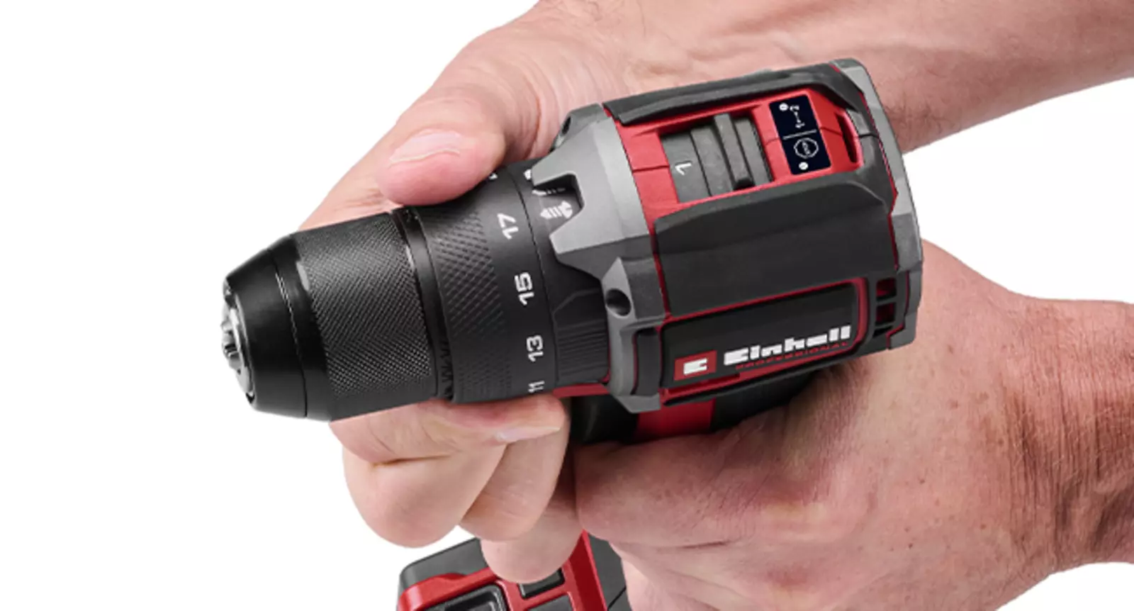 Two hands hold the Einhell Professional cordless impact drill TP-CD 18/50-C Li-i BL, the tool is set to the "screwing" function.