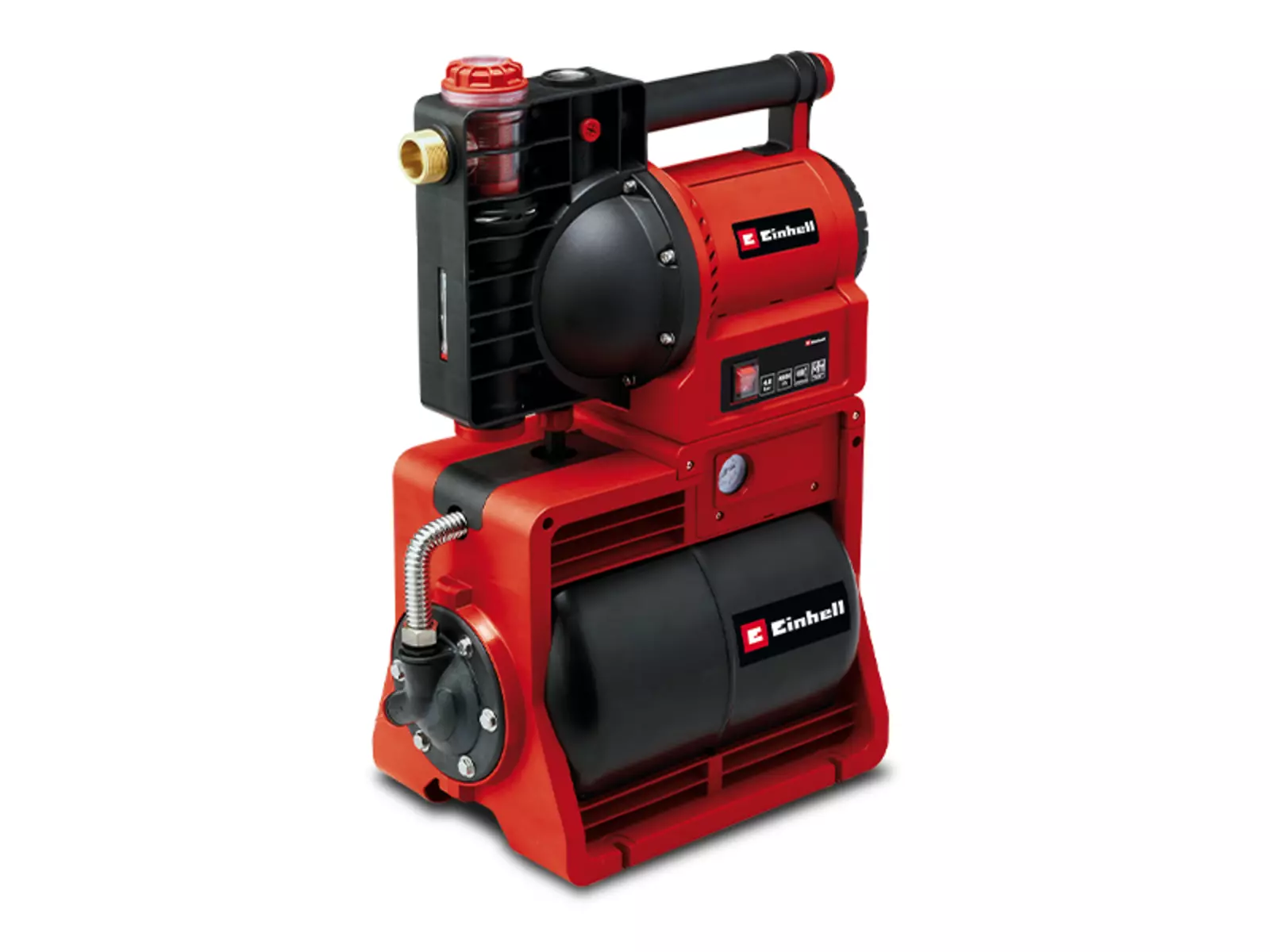 Das Einhell Hauswasserwerk GE-WW 1145 mit rotem Gehäuse, schwarzem Stahlkessel und zentralem Bedienfeld auf weißem Hintergrund.