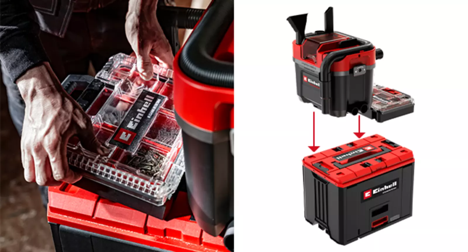 The Einhell E-Case FlipFront during transport and as part of a stacked E-Case system.