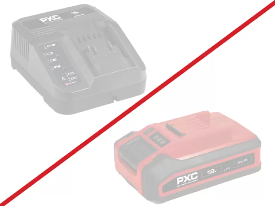Faded charger and battery with red diagonal line, indicating accessories not included.