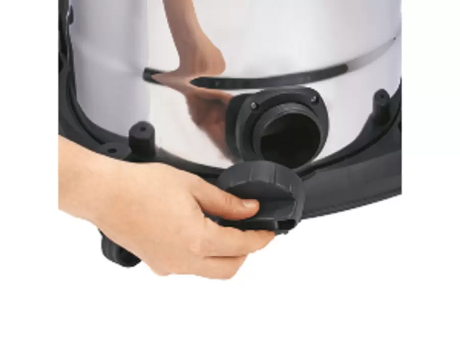 Close-up of the water drain valve on the stainless steel tank of the Einhell wet and dry vacuum cleaner TE-VC 2340 SA.