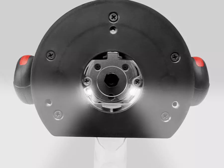 Underside of the Einhell TP-RO 1400 E router with integrated LED lighting around the milling spindle.
