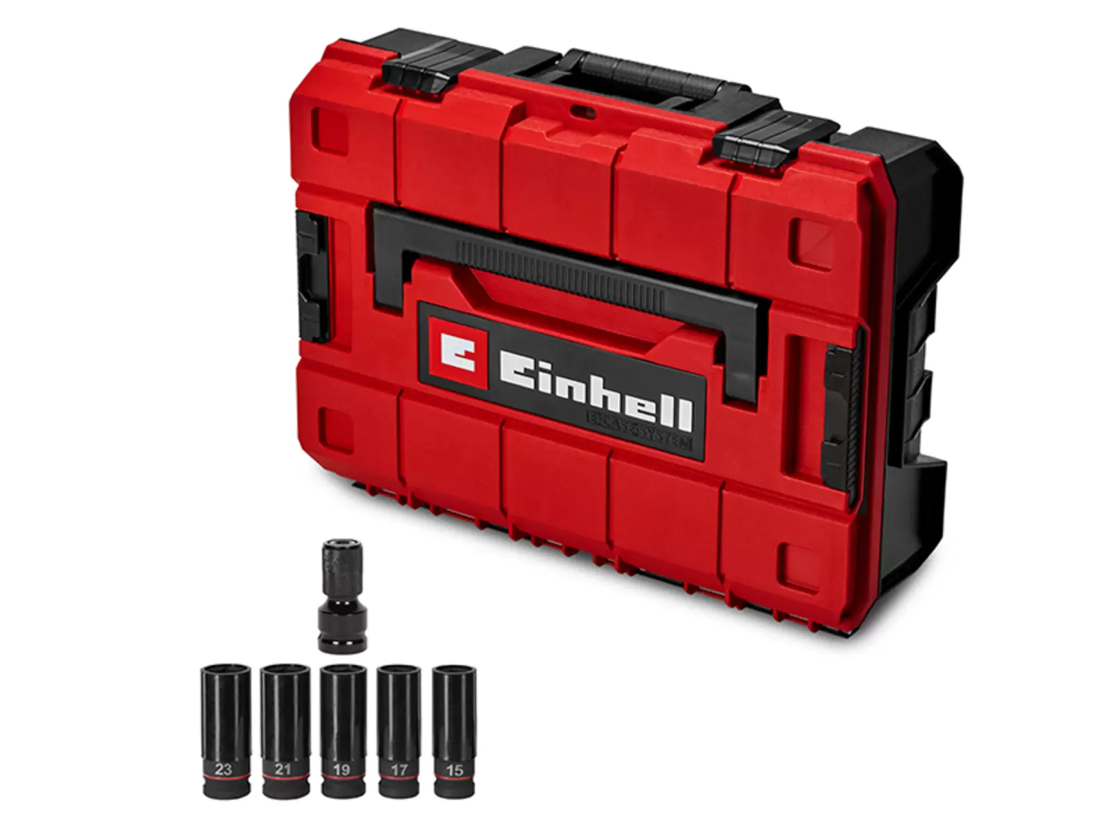 Accessories for the Einhell cordless impact wrench TP-CWD 18/3501-C Li BL: A red E-Case S-F, five black sockets (sizes 15–23) and a bit adapter on a white background.
